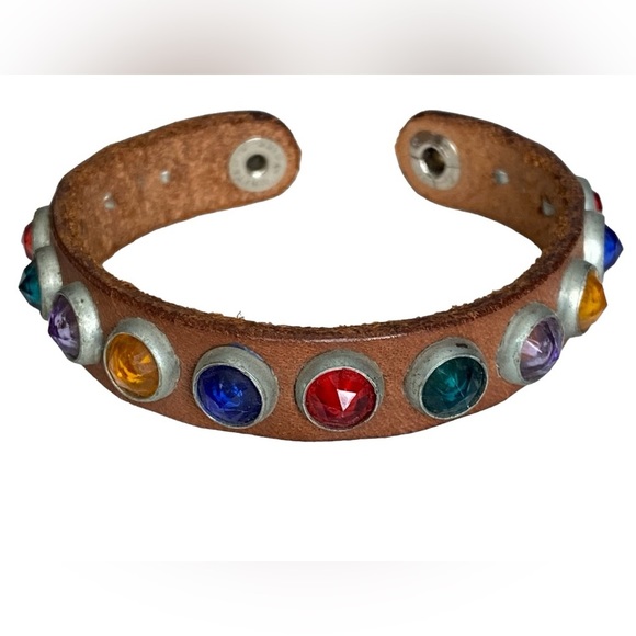 Hand Crafted Jewelry - VINTAGE Artisan Bracelet Leather Multi Colorful Encased Gems